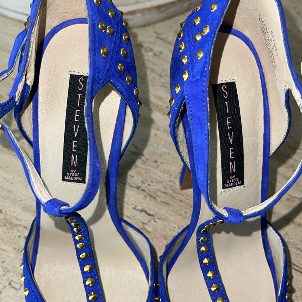 STEVEN Steve Madden ASTRRO Blue Gold Studded Leather Suede Stiletto heel Sz 8.5 - Picture 17 of 17